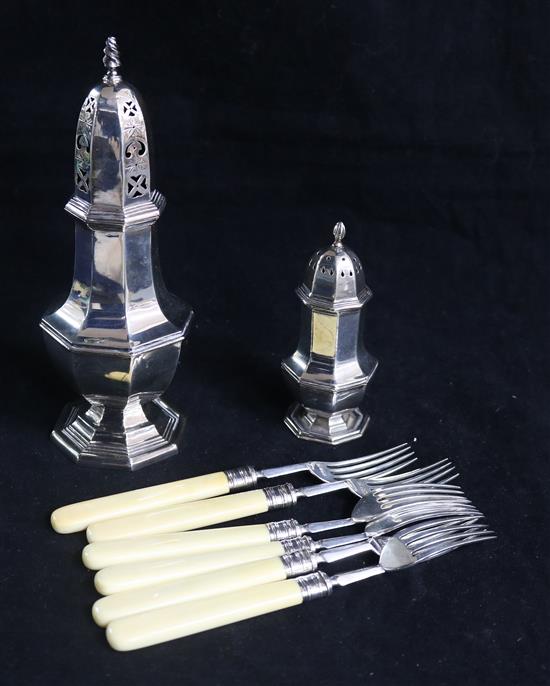A silver baluster sugar caster, a silver pepper and a set of six silver fruit forks, Sheffield 1901, Atkin Bros,